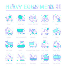 Set Blue Line Icons of Heavy Equipment