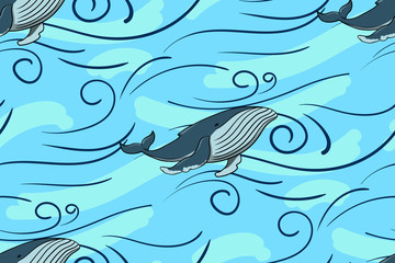 Seamless pattern sea and blue whale. On a blue background.