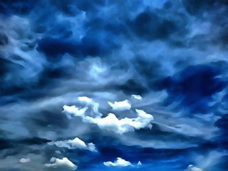 Obraz premium Hand drawing watercolor art on canvas. Artistic big print. Original modern painting. Acrylic dry brush background. Insanely colorful sky. Wonderful clouds. Beautiful charming landscape. Amazing