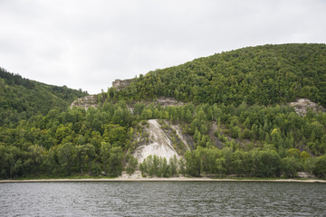 View of the Zhiguli mountains in the Samara region, Russia. Cloudy day, August 10, 2018