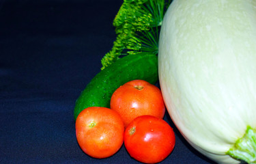 Still life of rustic vegetables, zucchini, cucumber, tomato, dill. Natural vegetables for canning. Preparations for winter. Village life. Vegetarian food. Harvest from your garden.