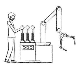 operator working with the robotic arm industrial factory vector illustration hand drawing