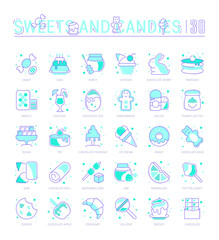 Set Blue Line Icons of Sweets and Chocolate