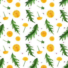 Watercolor seamless pattern of dandelion flowers and leaves