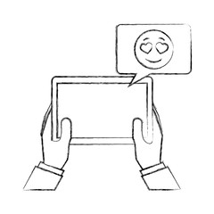 hands with tablet mobile chatting love emoji vector illustration hand drawing