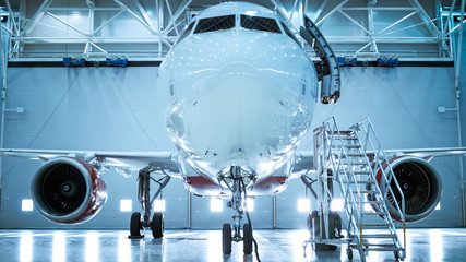 Up-Down Shot of a Brand New Airplane Standing in a Aircraft Maintenance Hangar. Plane's Door is Open and Ladder Stands Beside it.