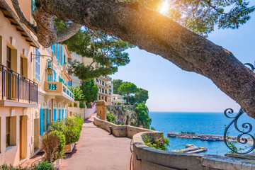 Monaco village in Monaco, Monte Carlo, France. Walking street with beautiful buildings along the coast. - obrazy, fototapety, plakaty