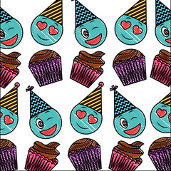 birthday cupcake and emoji wink love happy pattern vector illustration drawing color