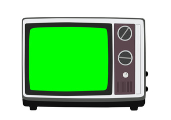 Vintage 1970s portable television vector illustration with chroma key green screen.