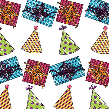 birthday gift boxes with party hats pattern vector illustration drawing color