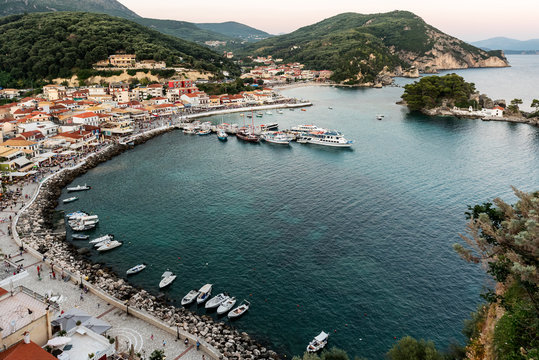 Panoramic view of the resort town of Parga, the harbor, the beach and islets on a sunny, summer day (region of Epirus, Greece) © Ivan