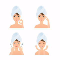 Face care routine. Girl Cleaning And Care Her Face. Steps how to apply facial serum.  Skincare vector.
