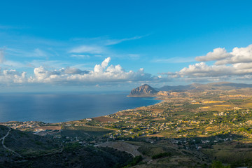 Beautiful panoramic view from Erice  at Mediterranean sea and Monte Cofano, Sicily, Italy