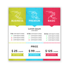 Price table for websites and applications. Template of tariffs. Vector illustration