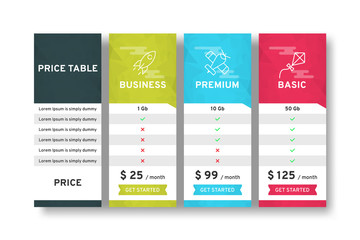 Price table for websites and applications. Template of tariffs. Vector illustration