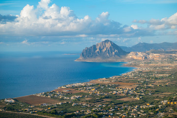 Fototapeta na wymiar Beautiful panoramic view from Erice at Mediterranean sea and Monte Cofano, Sicily, Italy