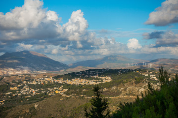 Fototapeta na wymiar Beautiful panoramic view from Erice at Mediterranean sea and Monte Cofano, Sicily, Italy