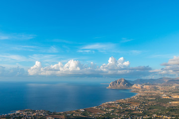 Beautiful panoramic view from Erice  at Mediterranean sea and Monte Cofano, Sicily, Italy