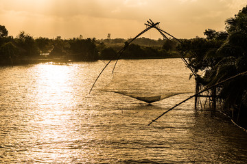 Landscape of fisherman's village in Thailand with a number of fishing tools called "Yok Yor"