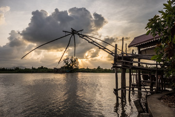 Landscape of fisherman's village in Thailand with a number of fishing tools called "Yok Yor"