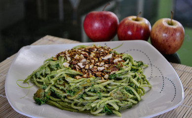Spaghetti with almonds vegan food