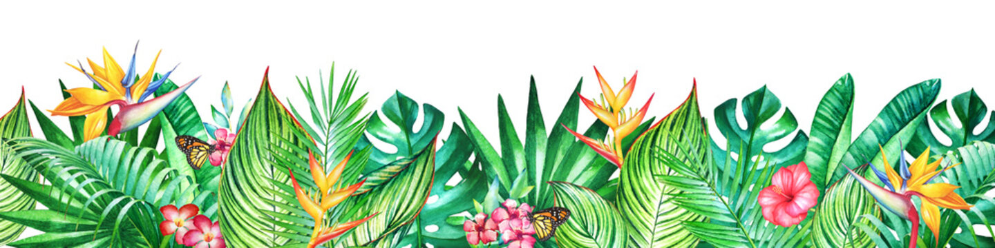 Background With Watercolor Tropical Plants And Flowers