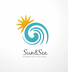 Obraz premium Sun and sea artistic logo design concept for travel agency. Summer destinations symbol sign idea with sun shape and blue ocean wave.