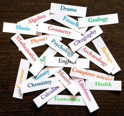 Names of school subjects. Back to school. Education concept. Top view