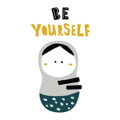 vector illustration of beautiful nesting doll print in Scandinavian style,with ornate funny lettering and cute characters,objects