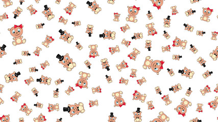 Texture seamless pattern with beautiful cheerful festive bright colorful colored bears fairy children's ladies and gentlemen boy and girl bear cubs joyful. illustration. The background