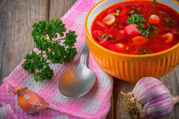 Borscht. Homemade traditional Ukrainian, Russian and Poland national soup.