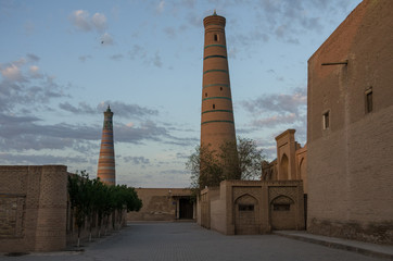 Minaret of  Islom Xoja complex in the city of Khiva. Uzbekistan