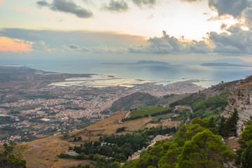 Fototapeta na wymiar Beautiful panoramic view from Erice at Trapani and Egadi Islands , Sicily, Italy