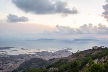 Fototapeta na wymiar Beautiful panoramic view from Erice at Trapani and Egadi Islands , Sicily, Italy