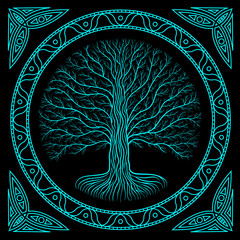 Druidic Yggdrasil tree at night, round silhouette, black and blue logo. Gothic ancient book style
