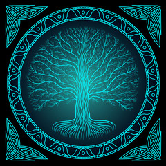 Druidic Yggdrasil tree at night, round silhouette, black and blue logo. Gothic ancient book style
