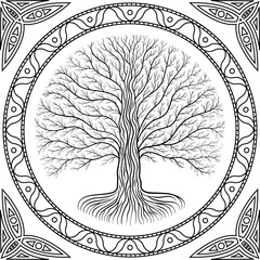 Druidic Yggdrasil tree, round gothic logo. ancient book style