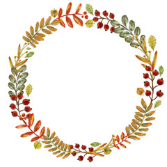 Autumn Twigs and Leaves Round Wreath Isolated on White Background. Watercolor Botanical Frame for Print, Card, Invitation, Thanksgiving, Harvest Festival, and Creative Design.