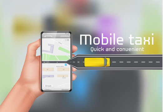 Mobile taxi vector concept background. Human hand holding smartphone with city map on digital screen. Yellow car moves on town road to customer. Online service, application to call a cab on internet