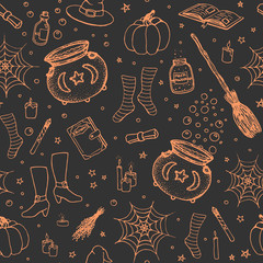Vector Halloween pattern with hand drawn pumpkin, cauldron, spider web, potions, magic books, witch’s broom, hat, socks and boots orange outline in sketchy style on black background. Holiday line art. - 219002913