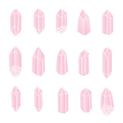Vector rose quartz crystals set isolated on the white background. Hand drawn gemstones in pink pastel colors collection. - 219002914