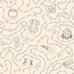 Hand drawn vector camping seamless pattern with backpack, bonfire, shoes, map, cauldron, sleeping bag, flashlight, compass and path to location outline. Travel ornament on the beige dotted background.