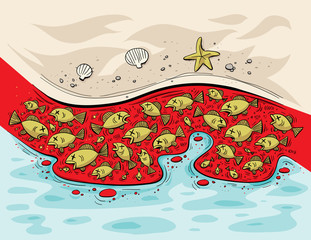 A cartoon beach showing a cluster of dead fish killed by a red tide in the sea water.