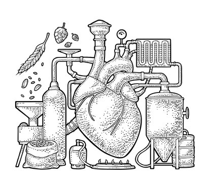 Brewery Process On Factory Beer With Tanks, Burner, Heart