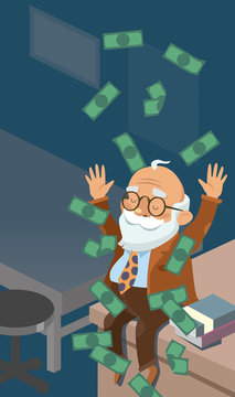 Money rain. A cheerful old man sitting on the table