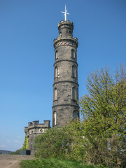 View of Nelson Monument, a commemorative tower in Edinburgh, Scotland