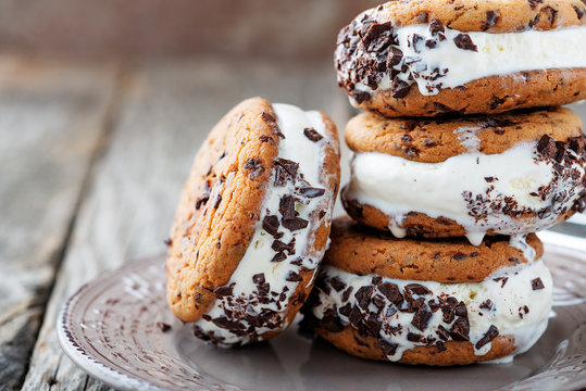 Homemade Chocolate Chip Cookie Ice Cream Sandwiches.