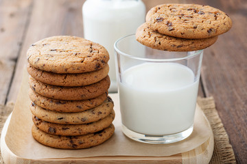 Fototapeta na wymiar Chocolate chip cookies with milk 