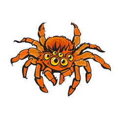 Cartoon red gigantic spider. Halloween character. Hand drawn vector.