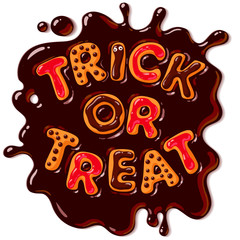 Halloween gingerbread cookies. Trick or Treat letters in puddle of chocolate. Vector.